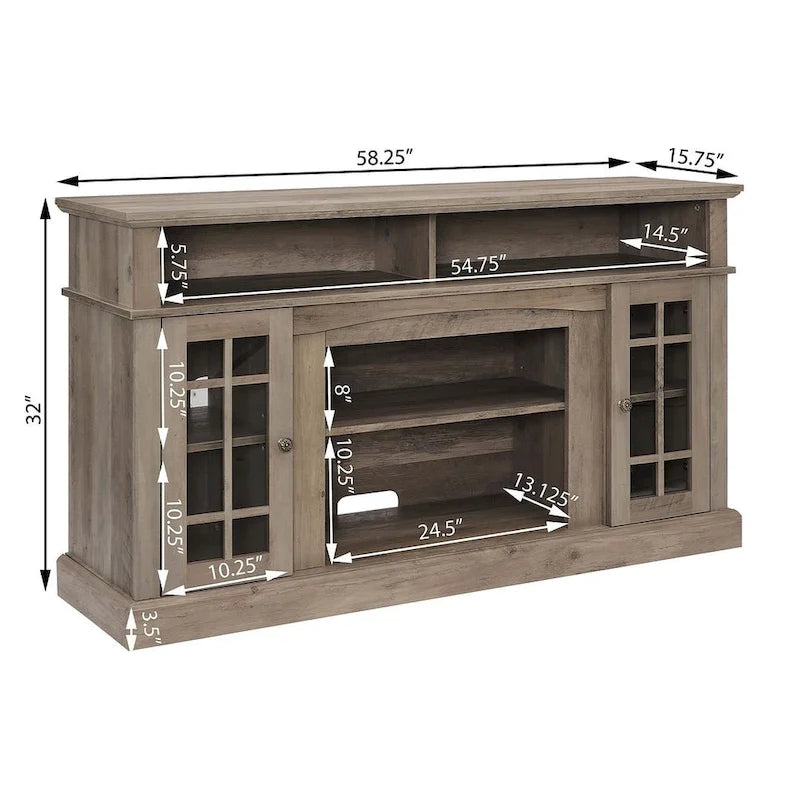 Meuble TV pour téléviseurs jusqu'à 65", finition gris délavé/espresso, avec insert de cheminée électrique, meuble à 2 portes, 1 compartiment