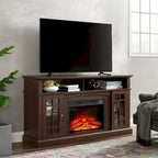 Meuble TV pour téléviseurs jusqu'à 65", finition gris délavé/espresso, avec insert de cheminée électrique, meuble à 2 portes, 1 compartiment