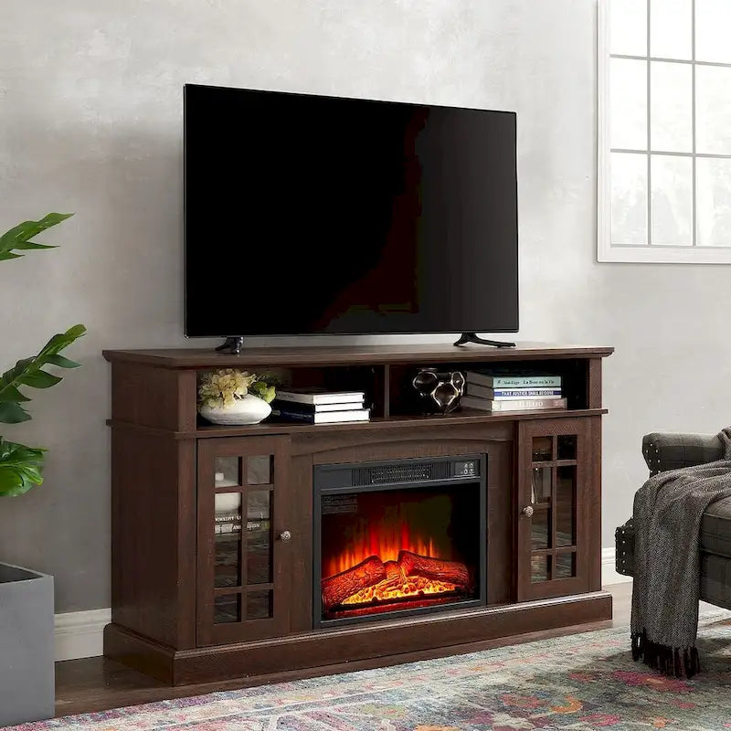Meuble TV pour téléviseurs jusqu'à 65", finition gris délavé/espresso, avec insert de cheminée électrique, meuble à 2 portes, 1 compartiment