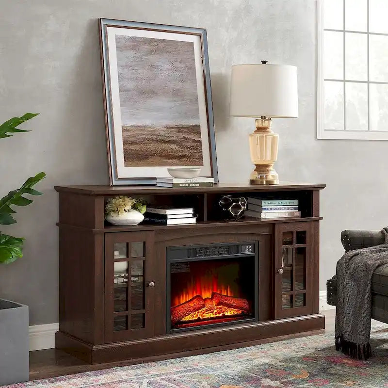 Meuble TV pour téléviseurs jusqu'à 65", finition gris délavé/espresso, avec insert de cheminée électrique, meuble à 2 portes, 1 compartiment