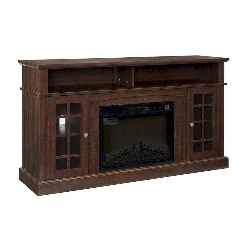 Meuble TV pour téléviseurs jusqu'à 65", finition gris délavé/espresso, avec insert de cheminée électrique, meuble à 2 portes, 1 compartiment