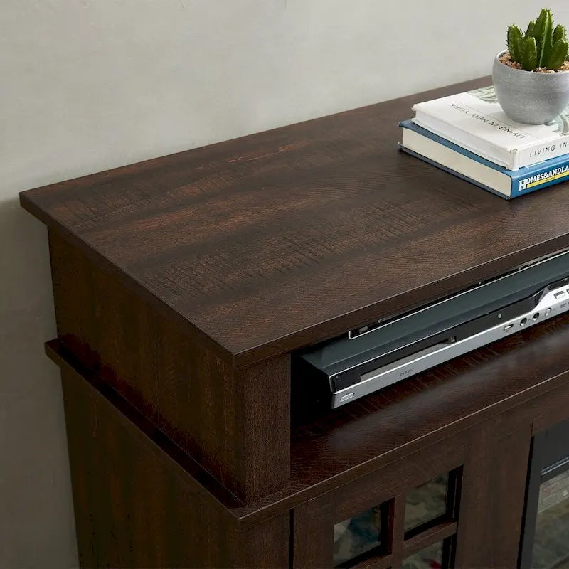 Meuble TV pour téléviseurs jusqu'à 65", finition gris délavé/espresso, avec insert de cheminée électrique, meuble à 2 portes, 1 compartiment