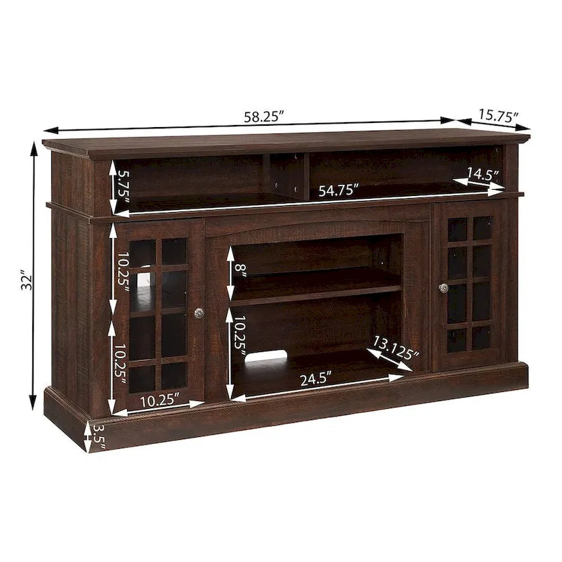 Meuble TV pour téléviseurs jusqu'à 65", finition gris délavé/espresso, avec insert de cheminée électrique, meuble à 2 portes, 1 compartiment