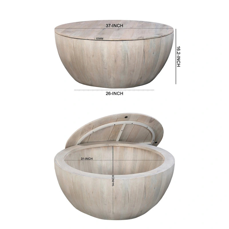Table basse ronde en bois blanc avec rangement, pour 1 personne