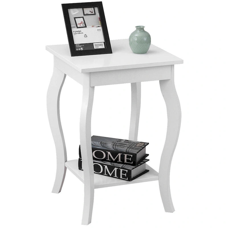 Table d'appoint blanche à pieds courbés avec étagère de rangement
