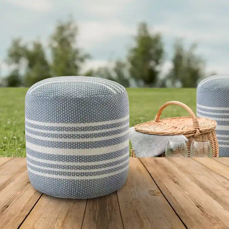 Pouf ottoman rond rayé bleu et blanc, 1 place