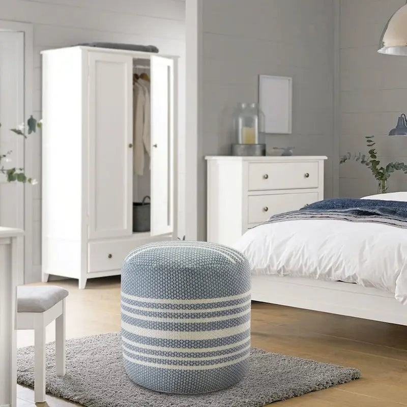 Pouf ottoman rond rayé bleu et blanc, 1 place