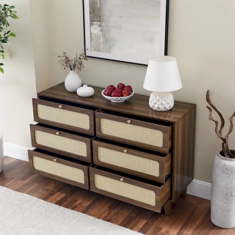 Commode à 6 tiroirs — Noyer Naturel / Chêne / Noir | Assemblage à 2 personnes