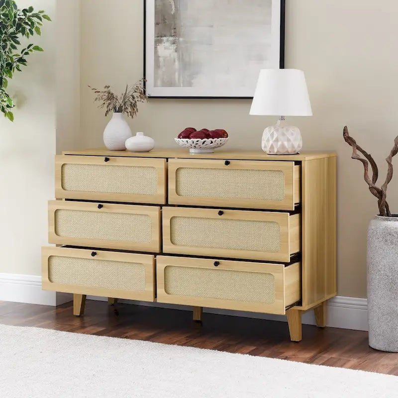 Commode à 6 tiroirs — Noyer Naturel / Chêne / Noir | Assemblage à 2 personnes