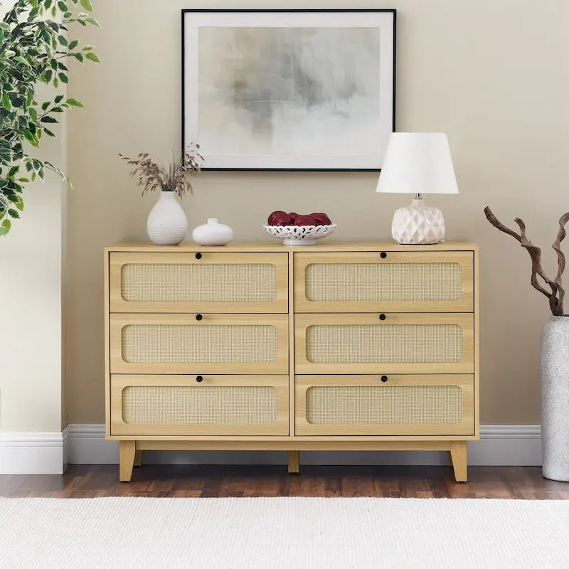 Commode à 6 tiroirs — Noyer Naturel / Chêne / Noir | Assemblage à 2 personnes