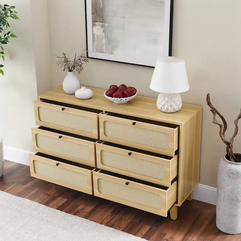 Commode à 6 tiroirs — Noyer Naturel / Chêne / Noir | Assemblage à 2 personnes