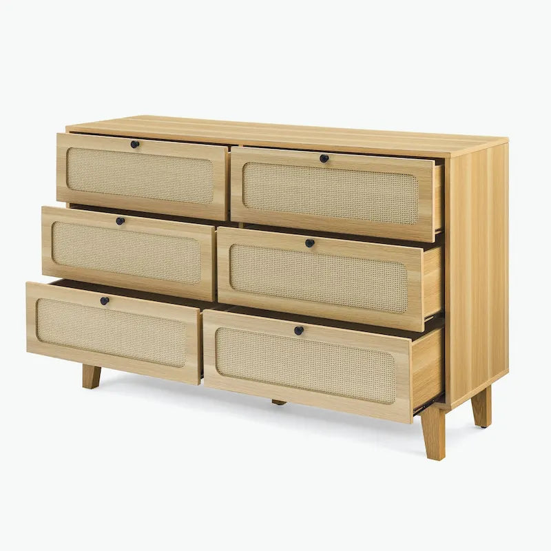 Commode à 6 tiroirs — Noyer Naturel / Chêne / Noir | Assemblage à 2 personnes