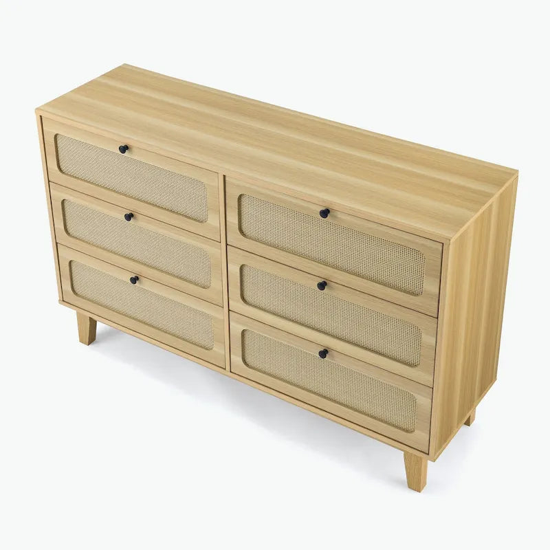 Commode à 6 tiroirs — Noyer Naturel / Chêne / Noir | Assemblage à 2 personnes