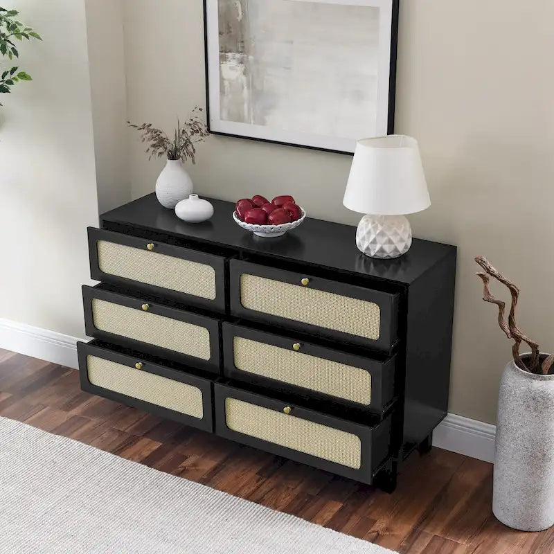 Commode à 6 tiroirs — Noyer Naturel / Chêne / Noir | Assemblage à 2 personnes