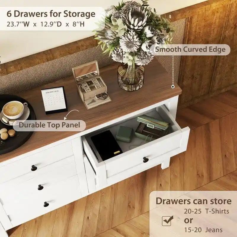 Commode à 6 tiroirs – Blanc / Gris antique, style ferme, pour 1 personne
