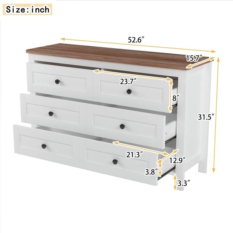 Commode à 6 tiroirs – Blanc / Gris antique, style ferme, pour 1 personne