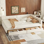 Lit plateforme rembourré pleine grandeur beige avec 2 tiroirs et ports USB