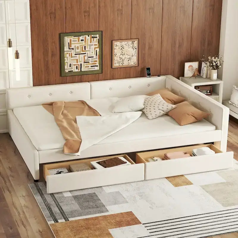 Lit plateforme rembourré pleine grandeur beige avec 2 tiroirs et ports USB