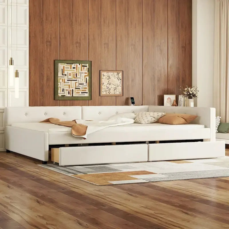Lit plateforme rembourré pleine grandeur beige avec 2 tiroirs et ports USB