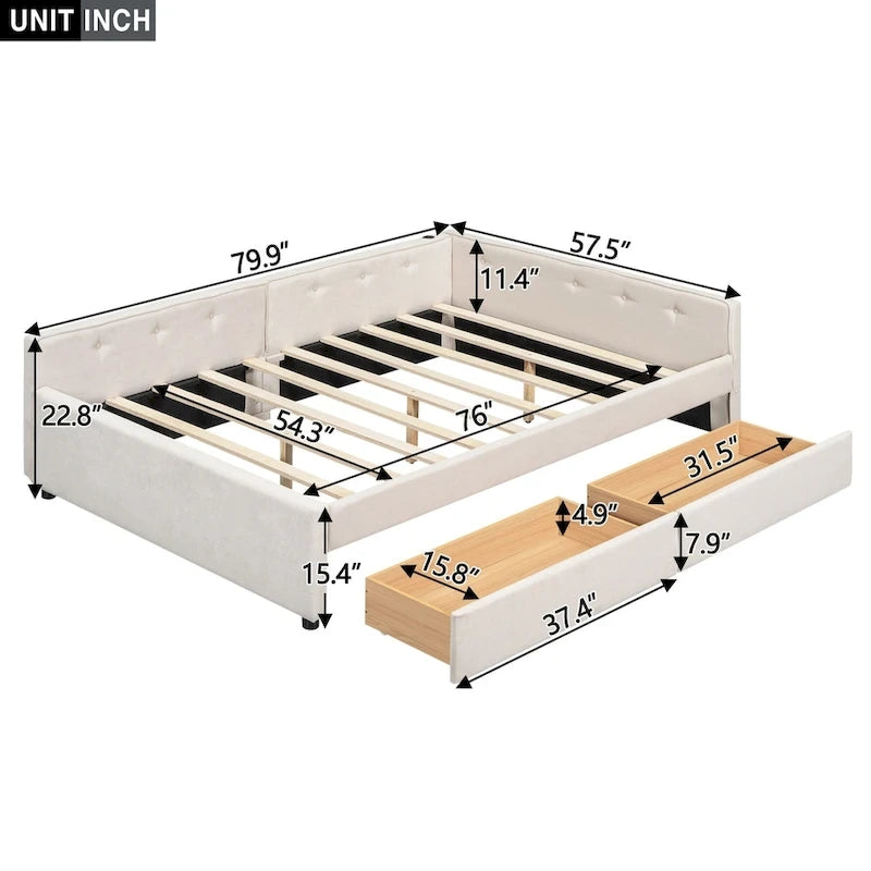 Lit plateforme rembourré pleine grandeur beige avec 2 tiroirs et ports USB