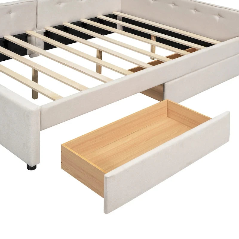 Lit plateforme rembourré pleine grandeur beige avec 2 tiroirs et ports USB