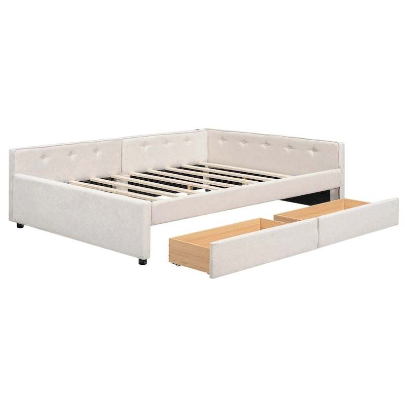 Lit plateforme rembourré pleine grandeur beige avec 2 tiroirs et ports USB