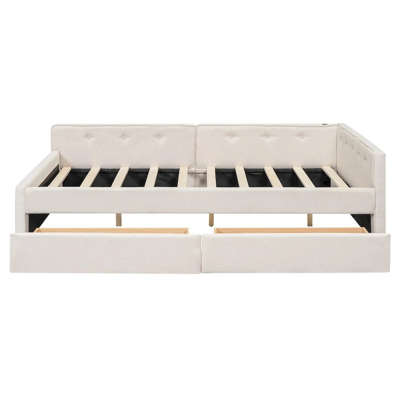 Lit plateforme rembourré pleine grandeur beige avec 2 tiroirs et ports USB