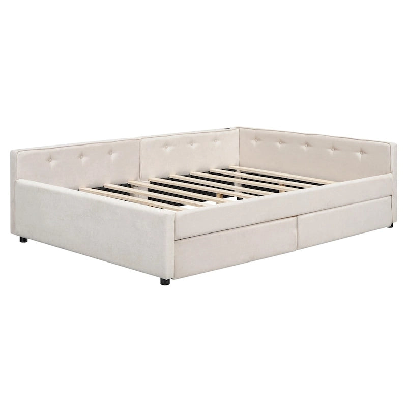 Lit plateforme rembourré pleine grandeur beige avec 2 tiroirs et ports USB