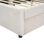 Lit plateforme rembourré pleine grandeur beige avec 2 tiroirs et ports USB