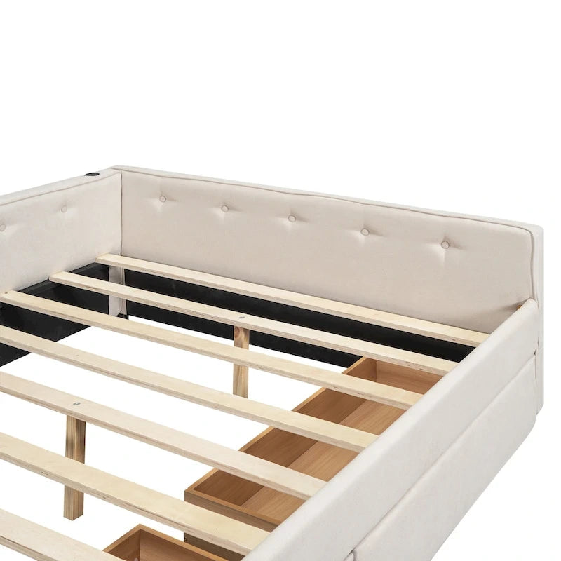 Lit plateforme rembourré pleine grandeur beige avec 2 tiroirs et ports USB
