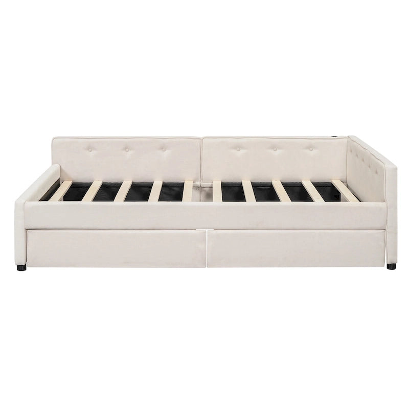 Lit plateforme rembourré pleine grandeur beige avec 2 tiroirs et ports USB