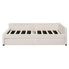 Lit plateforme rembourré pleine grandeur beige avec 2 tiroirs et ports USB
