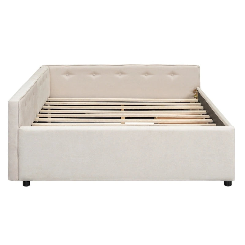 Lit plateforme rembourré pleine grandeur beige avec 2 tiroirs et ports USB