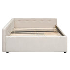 Lit plateforme rembourré pleine grandeur beige avec 2 tiroirs et ports USB