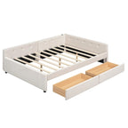 Lit plateforme rembourré pleine grandeur beige avec 2 tiroirs et ports USB