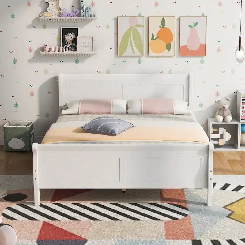 Cadre de lit traîneau Espresso / Blanc / Chêne avec pied de lit — Lit simple / double / grand, 1 à 2 personnes
