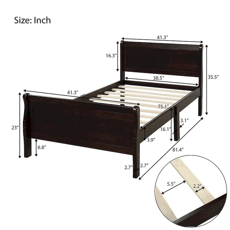 Cadre de lit traîneau Espresso / Blanc / Chêne avec pied de lit — Lit simple / double / grand, 1 à 2 personnes