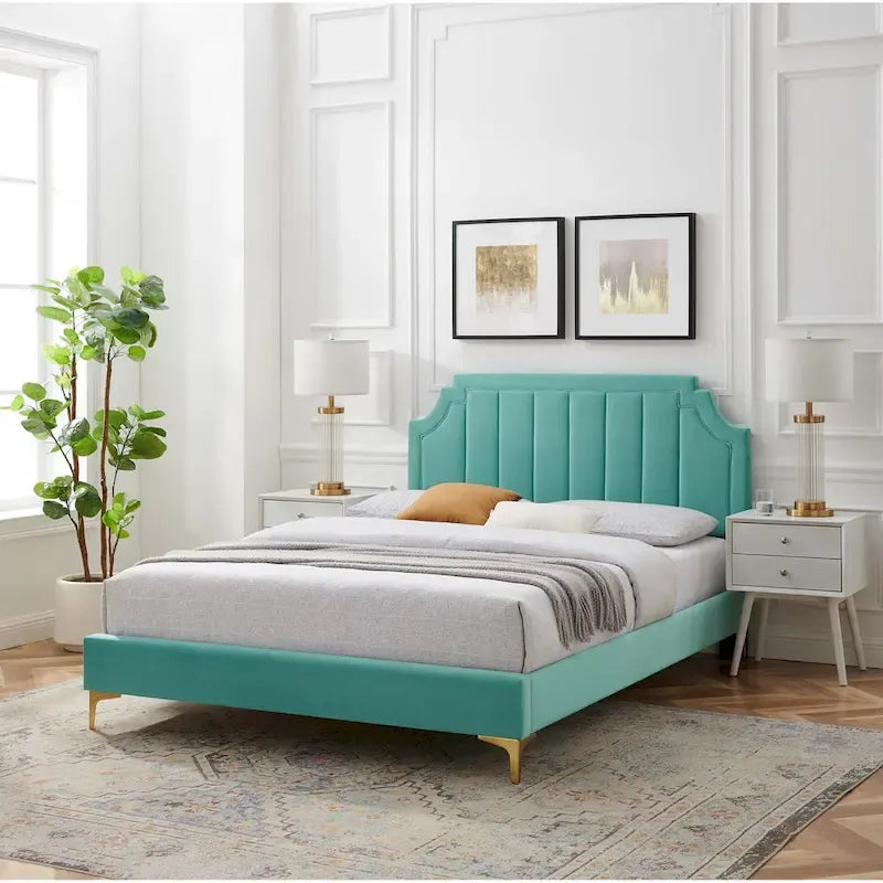 Lit Queen plateforme en velours Gris clair / Rose / Bleu marine / Menthe / Rose poudré / Blanc / Bleu sarcelle / Anthracite – 1 personne