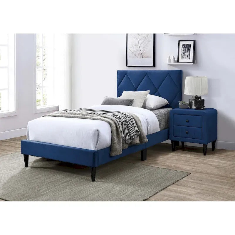 Lit jumeau en velours avec tête de lit capitonnée – Gris / Bleu marine / Rose pâle – 1 personne