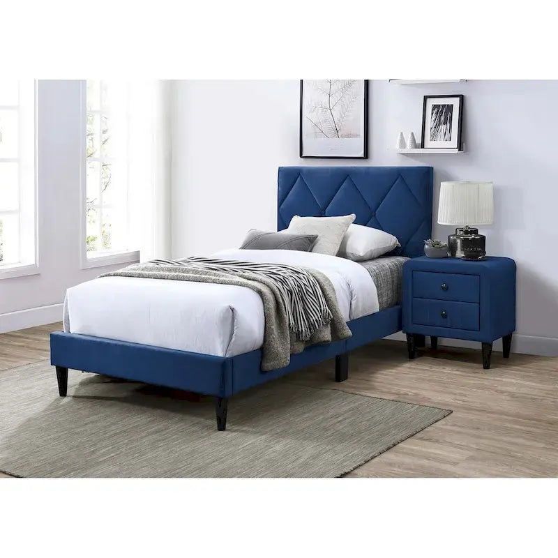 Lit jumeau en velours avec tête de lit capitonnée – Gris / Bleu marine / Rose pâle – 1 personne
