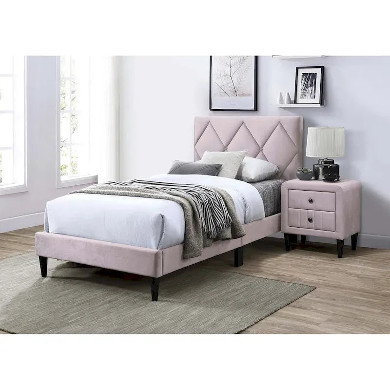Lit jumeau en velours avec tête de lit capitonnée – Gris / Bleu marine / Rose pâle – 1 personne