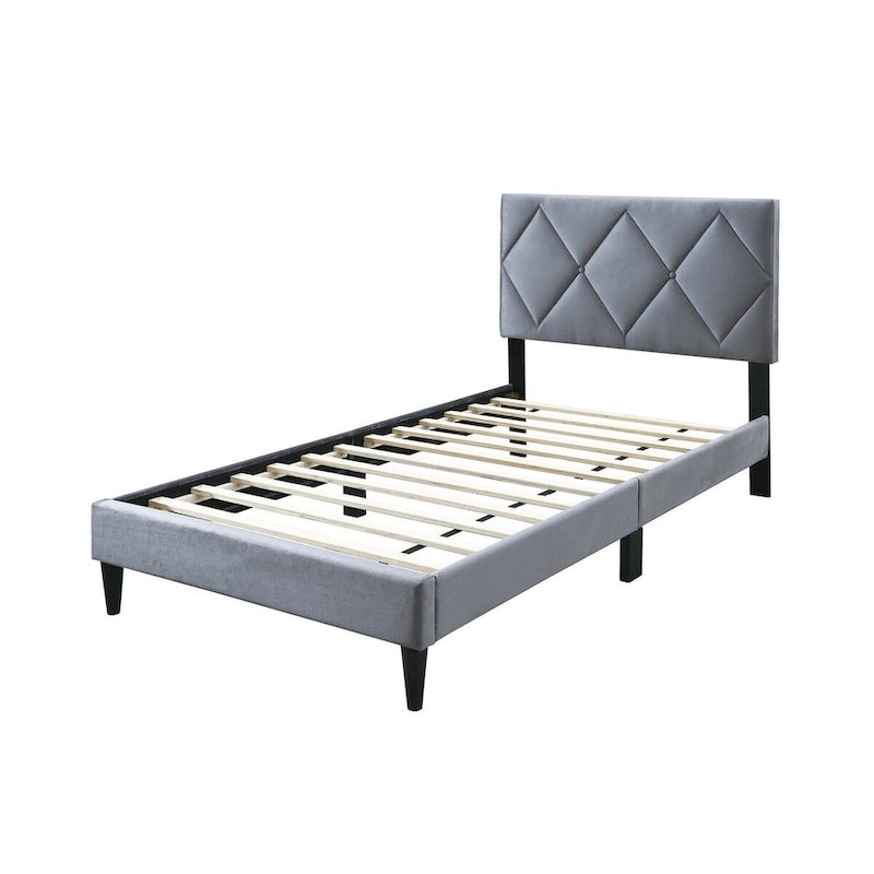 Lit jumeau en velours avec tête de lit capitonnée – Gris / Bleu marine / Rose pâle – 1 personne