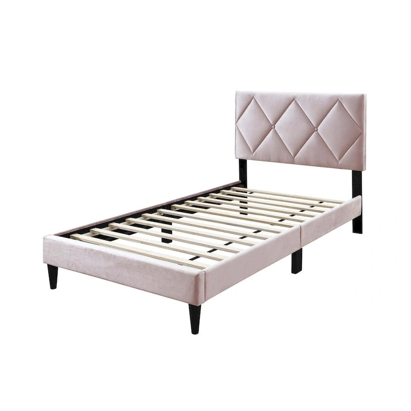 Lit jumeau en velours avec tête de lit capitonnée – Gris / Bleu marine / Rose pâle – 1 personne