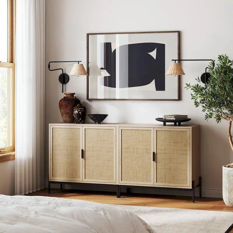 Meuble de rangement en rotin – Chêne clair et noir, pieds en métal, unitaire / lot de 2 à 4