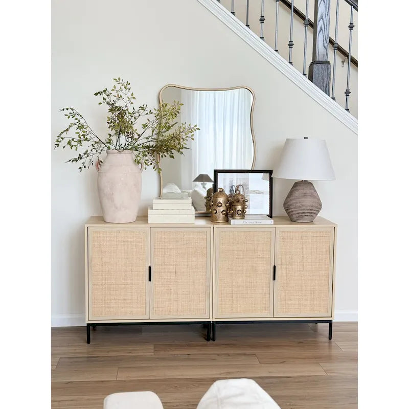 Meuble de rangement en rotin – Chêne clair et noir, pieds en métal, unitaire / lot de 2 à 4