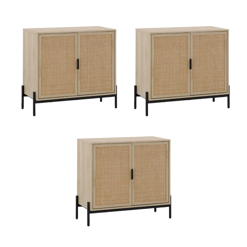Meuble de rangement en rotin – Chêne clair et noir, pieds en métal, unitaire / lot de 2 à 4