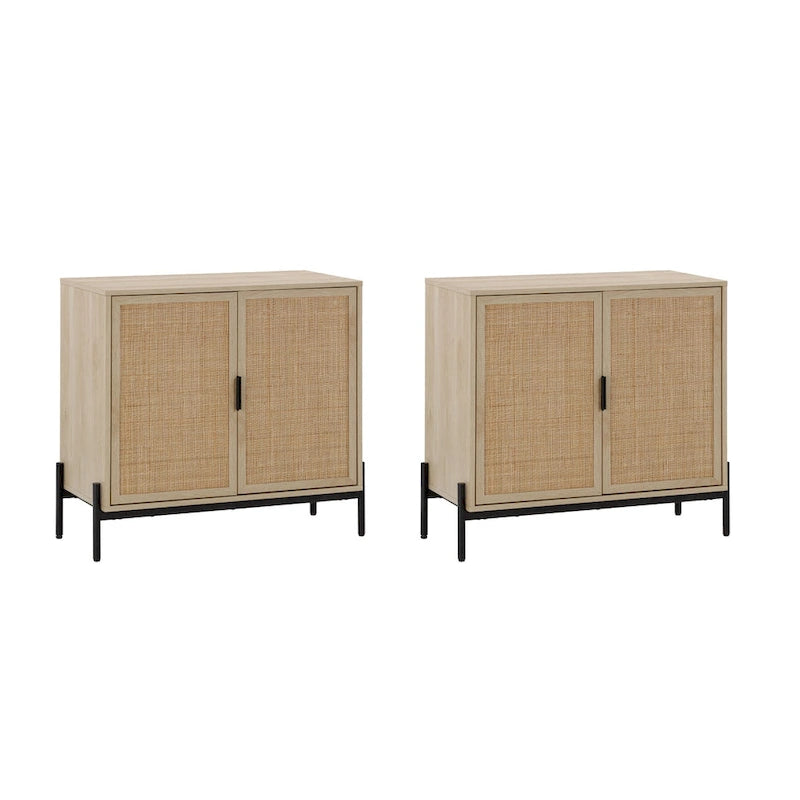 Meuble de rangement en rotin – Chêne clair et noir, pieds en métal, unitaire / lot de 2 à 4