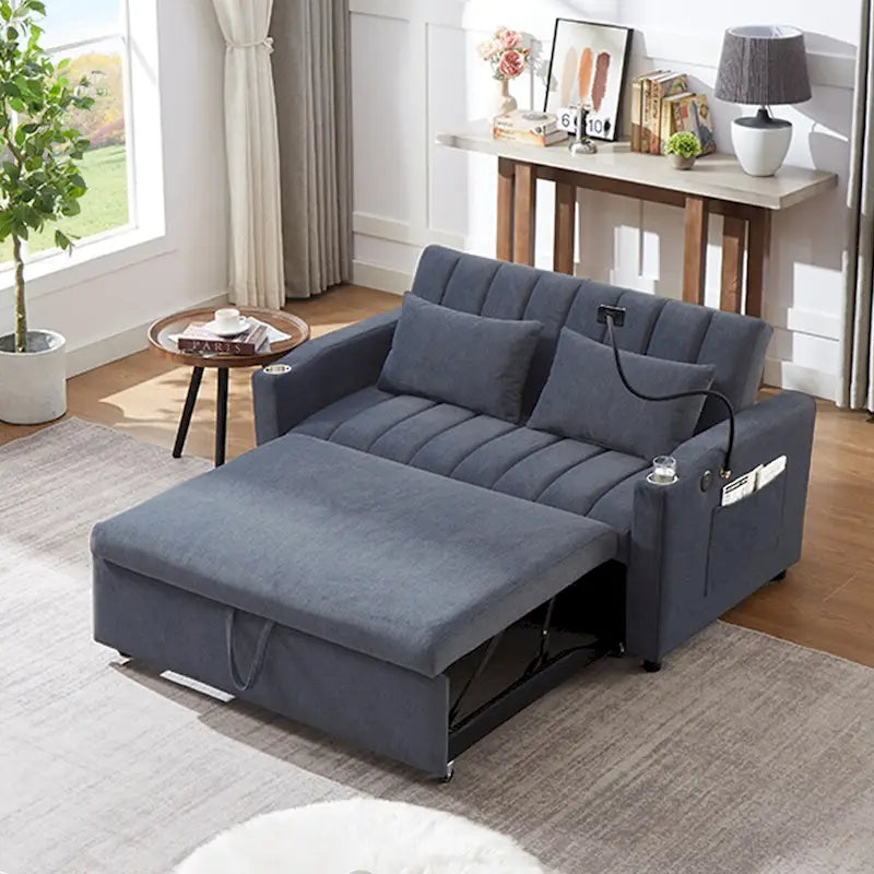 Canapé convertible 2 places bleu-gris / beige / gris