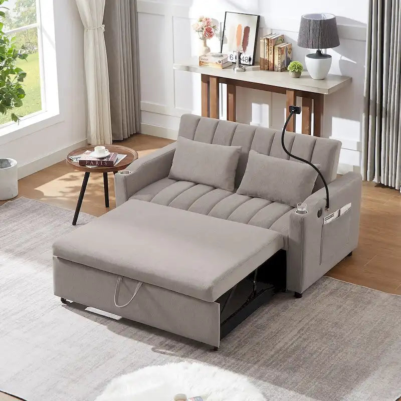 Canapé convertible 2 places bleu-gris / beige / gris