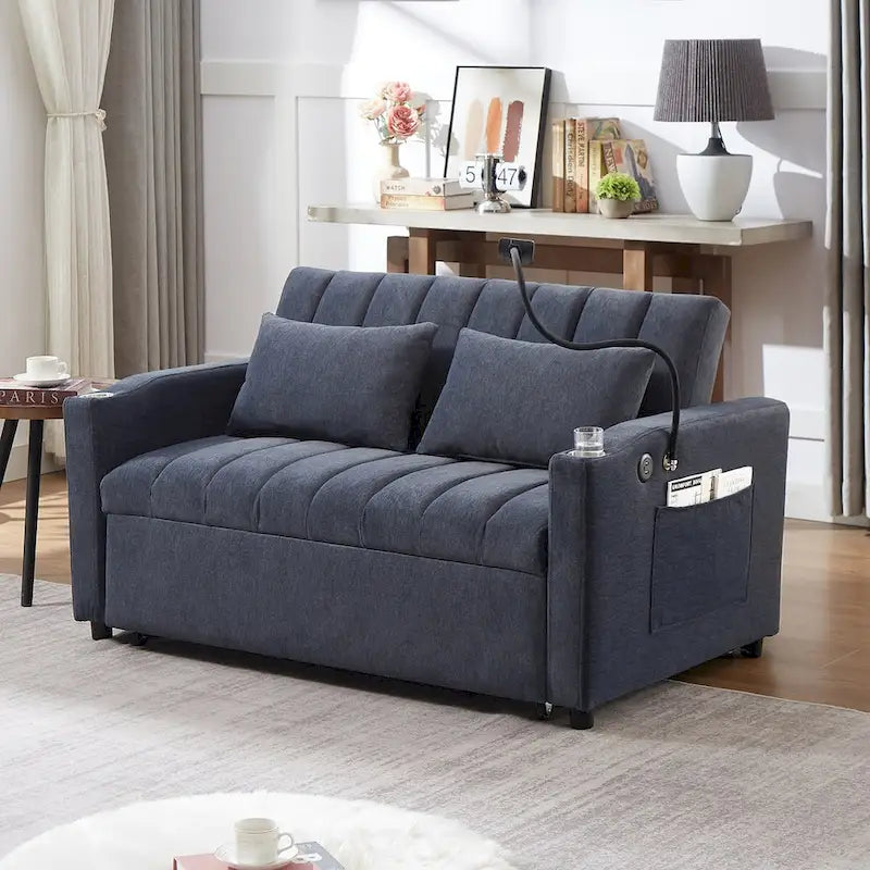 Canapé convertible 2 places bleu-gris / beige / gris